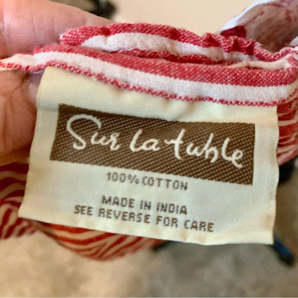 Sur La Table Peacock Embroidered Apron Red & White